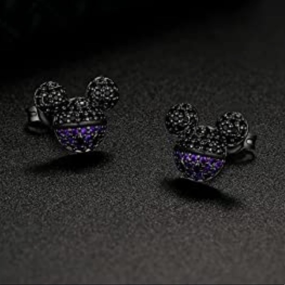 NWT Disney Mickey Mouse Stud Earrings CZ with 925 Sterling Silver Black & Purple - Picture 4 of 4
